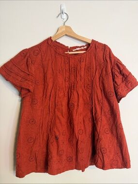 Rust Red Eyelet Short-Sleeve Peasant Blouse